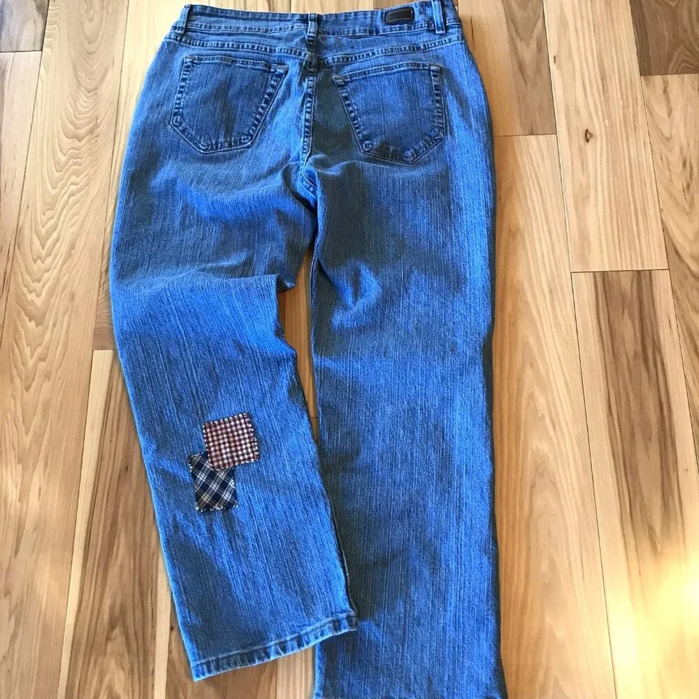 Upcycled Patchwork Jeans, Spring Garden Sunflower Plaid Patches Reworked Sz 16P